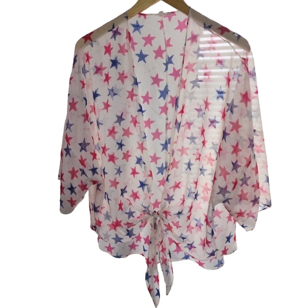 Easel Sheer Stars Chiffon Kimono Front Tie Short Sleeve Women's Cover Up Size S